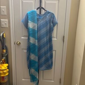 Chic Blue Striped Mini Dress with Scarf